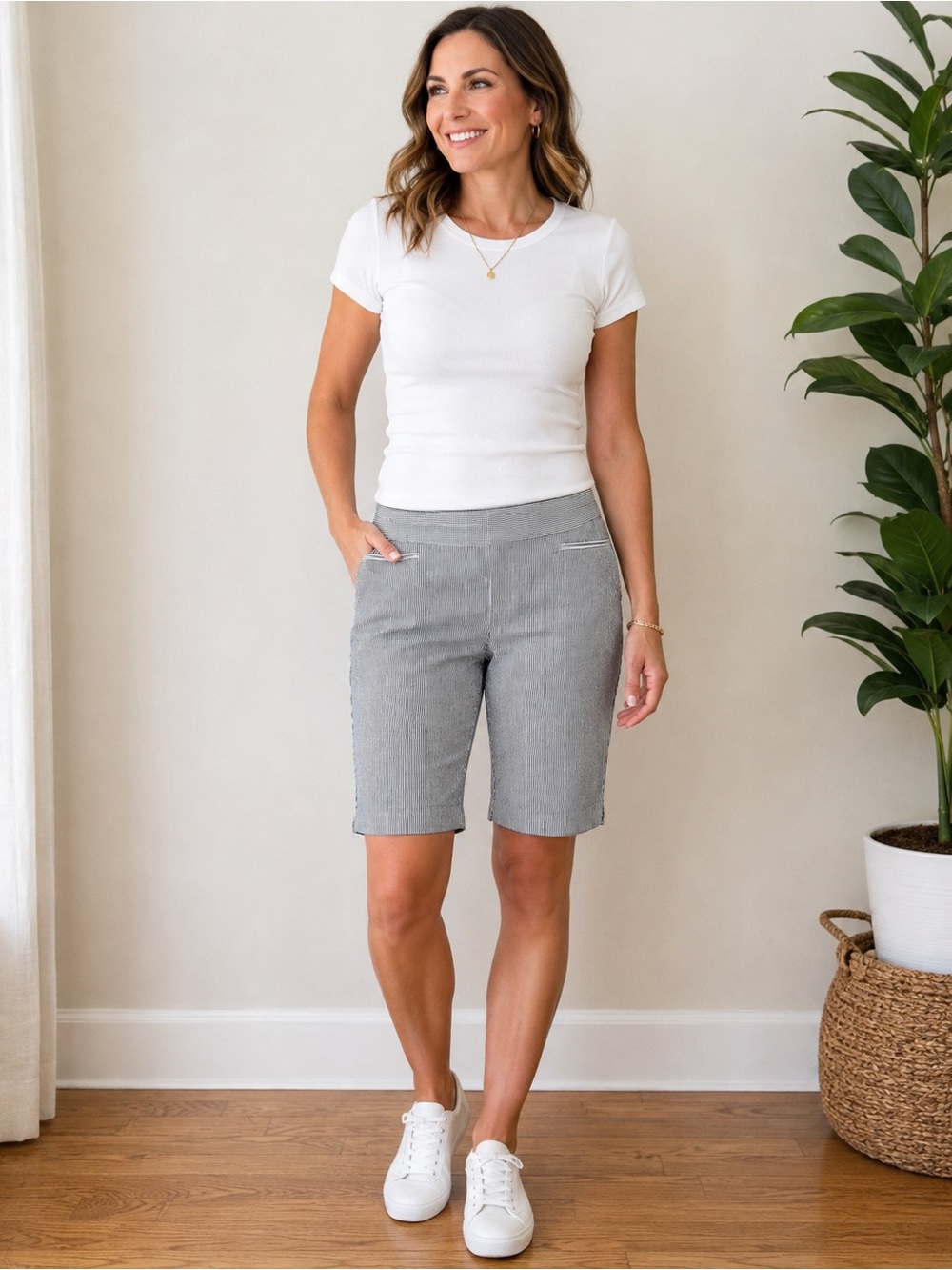 Women's Navy Pinstripe Bermuda Shorts